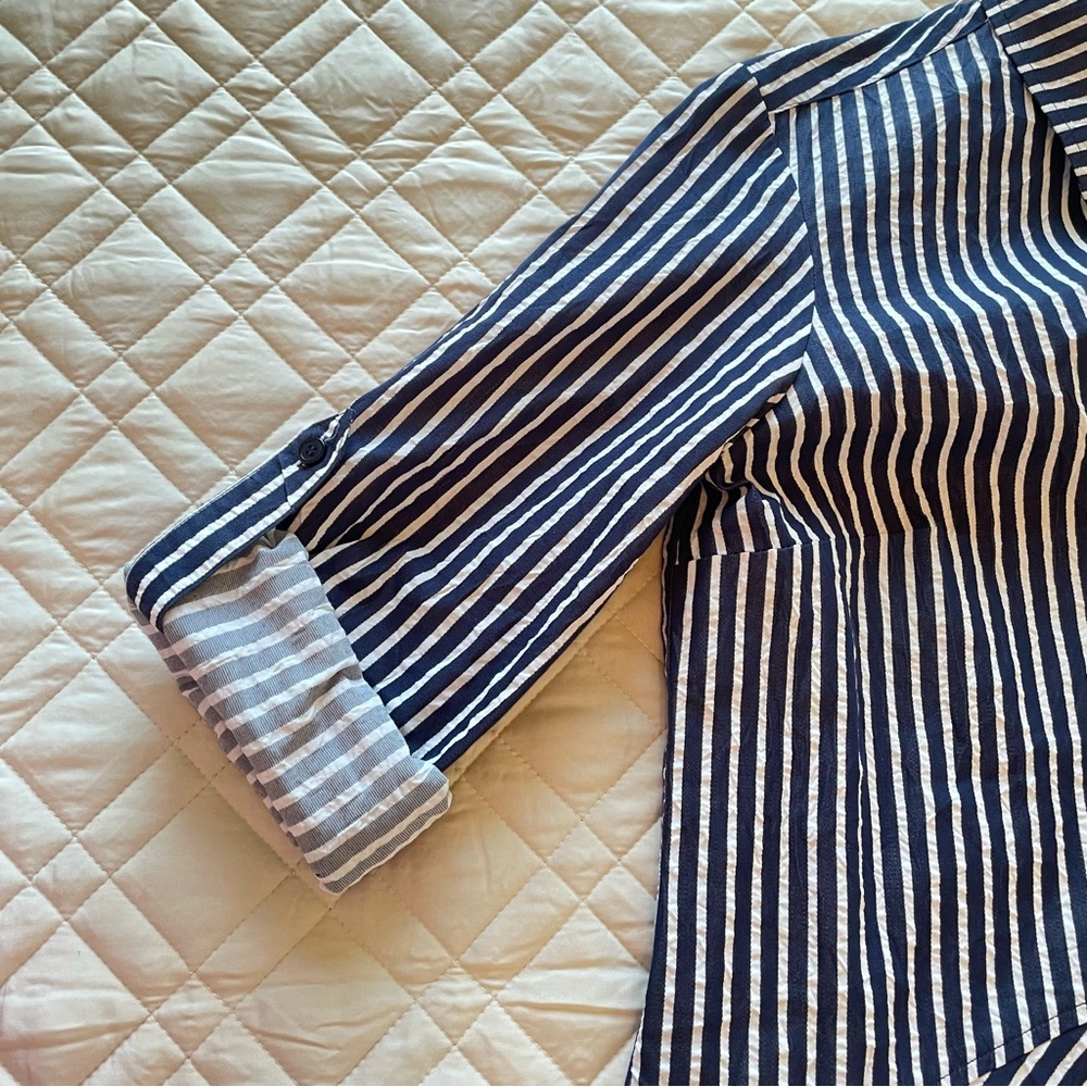 FINLEY Navy and White Bailey Striped Shirt Dress Medium - Picture 6 of 12
